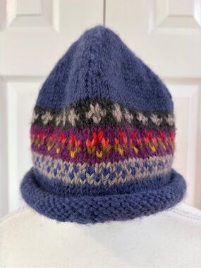 Everest Designs Nepal Blue Fair Isle Wool Rolled Edge Fleece Lined Beanie/Hat